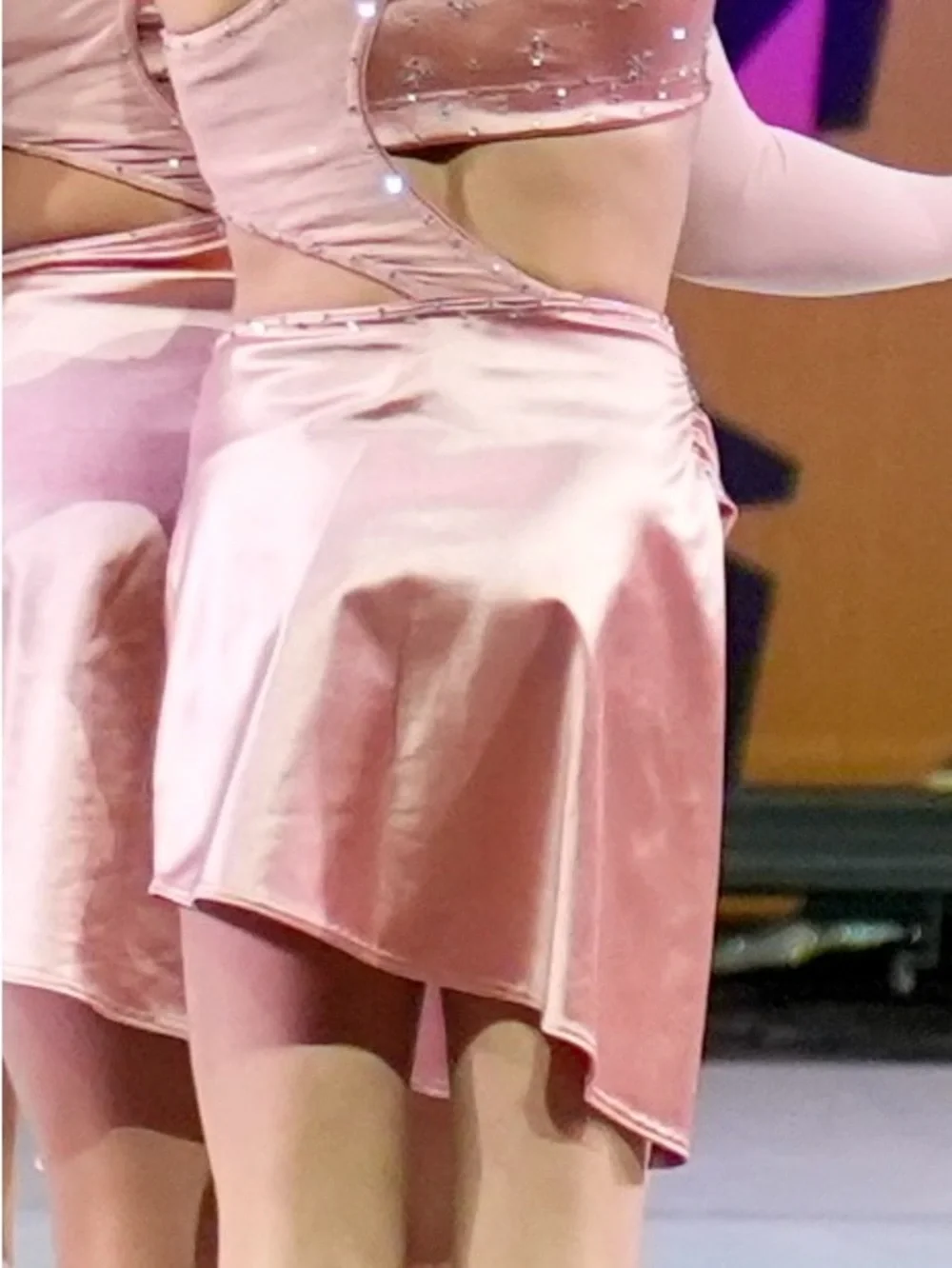 CXL Light Pink Satin Dance Costume with Sequins and Stones and Asymetrical Skirt